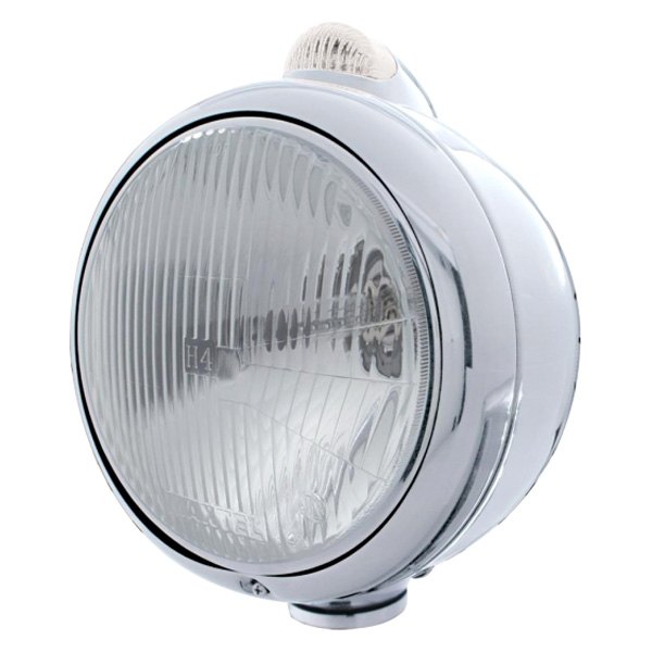 United Pacific® - 7" Round Chrome "Guide" 682-C Style Euro Headlight With LED Turn Signal Light