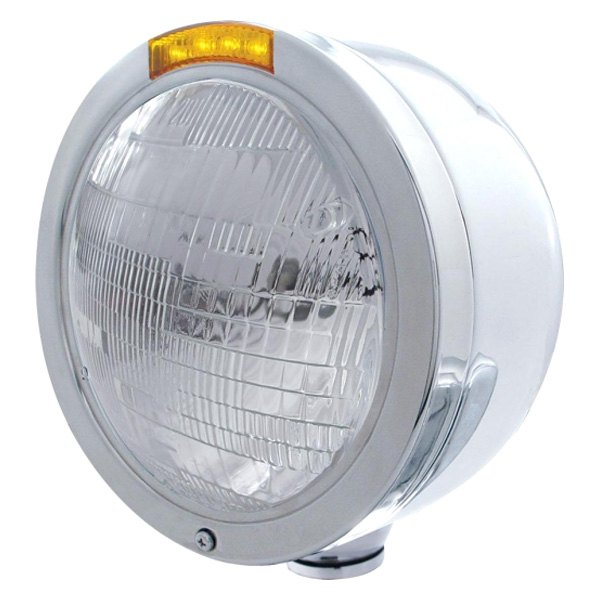 United Pacific® - Half-Moon 7" Round Chrome "Bullet" Style Euro Headlight With Amber LED Turn Signal Light