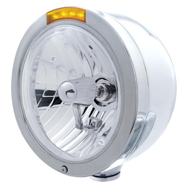 United Pacific® - Half-Moon 7" Round Chrome "Bullet" Style Crystal Headlight With Amber LED Turn Signal Light