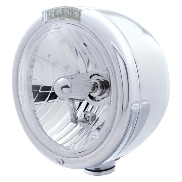 United Pacific® - Half-Moon 7" Round Chrome Classic Style Crystal Headlight With Amber LED Turn Signal Light