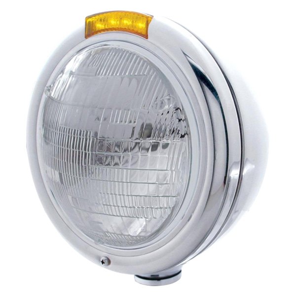 United Pacific® - 7" Round Chrome Classic Style Euro Headlight With Amber LED Turn Signal Light