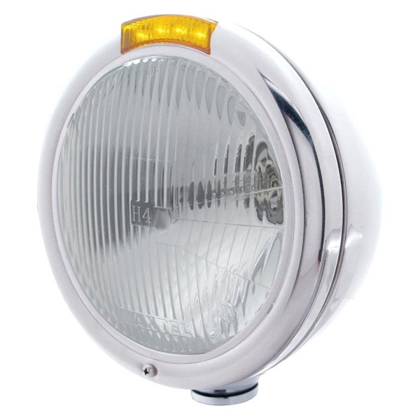 United Pacific® - 7" Round Chrome Classic Style Euro Headlight With Amber LED Turn Signal Light