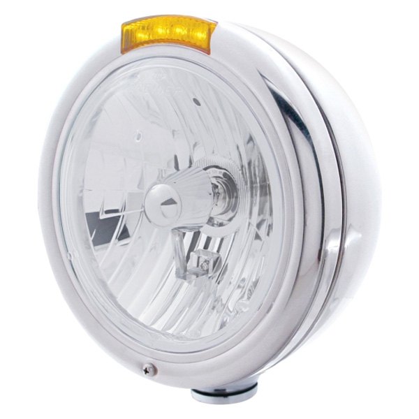 United Pacific® - Half-Moon 7" Round Chrome Classic Style Crystal Headlight With Amber LED Turn Signal Light