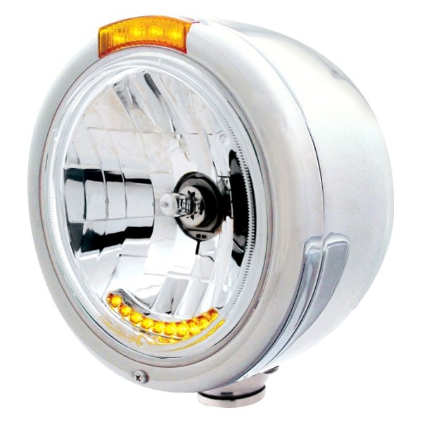 United Pacific® - 7" Round Chrome "Half Moon" Style Crystal Headlight With LED Turn Signal Light