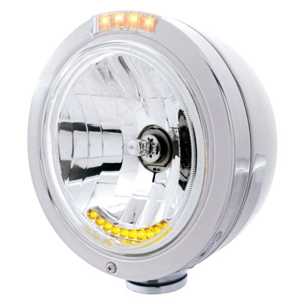 United Pacific® - 7" Round Chrome Classic Style "Bullet" Crystal Headlight With LED Turn Signal and Parking Light