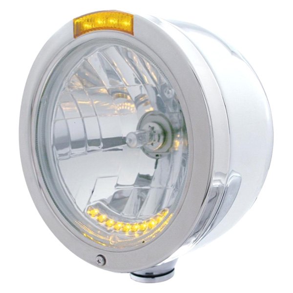 United Pacific® - 7" Round Chrome "Half Moon" Style Crystal Headlight With Dual Function LED Turn Signal Light