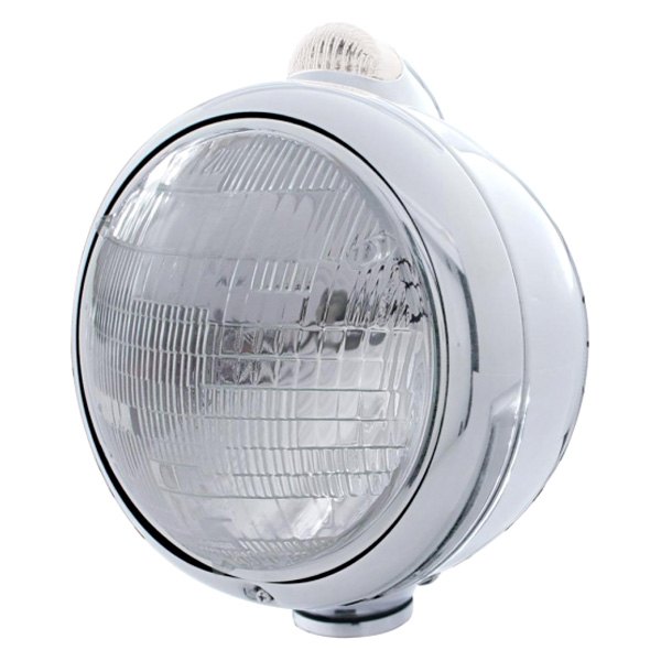 United Pacific® - 7" Round Chrome "Guide" 682-C Style Euro Headlight With Dual Function LED Turn Signal Light