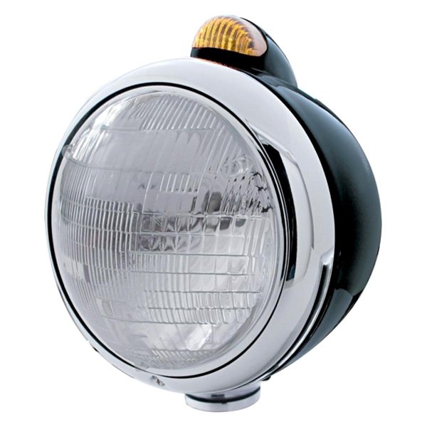 United Pacific® - 7" Round Black "Guide" 682-C Style Euro Headlight With Dual Function LED Turn Signal Light