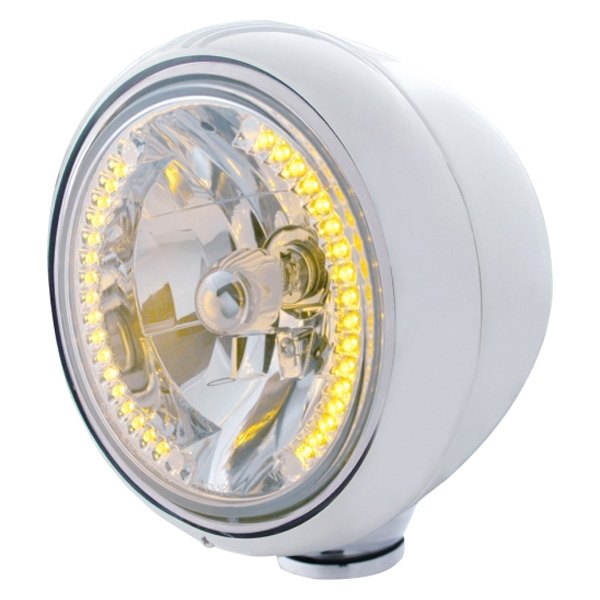 United Pacific® - 7" Round Chrome "Guide" 682-C Style Classic Crystal Headlight With Amber LED Halo