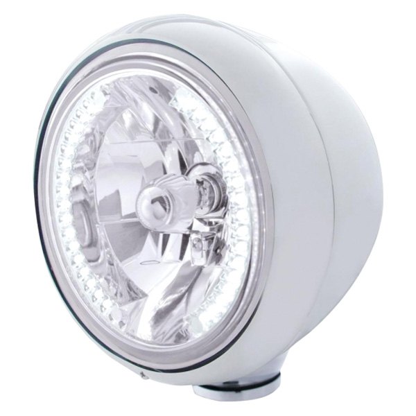 United Pacific® - 7" Round Chrome "Guide" 682-C Style Classic Crystal Headlight With White LED Halo