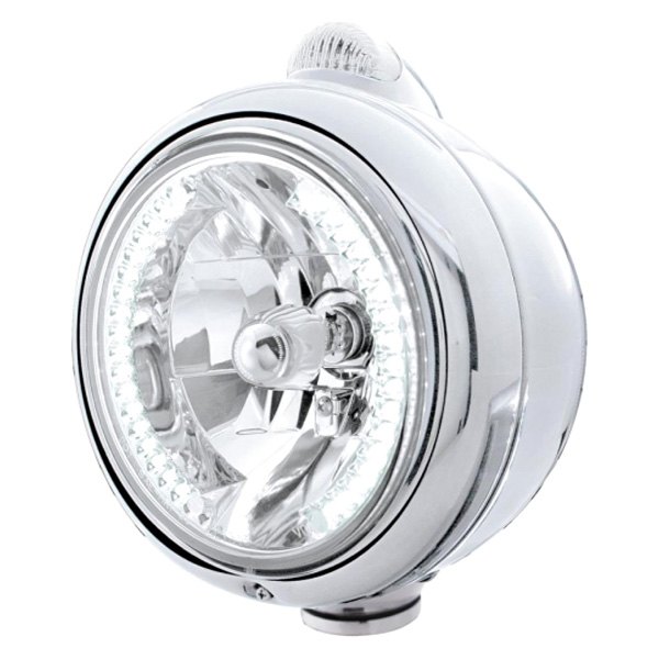 United Pacific® - 7" Round Chrome "Guide" 682-C Style Crystal Headlight With Amber LED Halo and Single Function Turn Signal Light