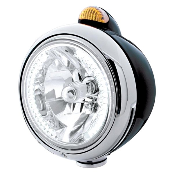 United Pacific® - 7" Round Chrome "Guide" 682-C Style Crystal Headlight With Amber LED Halo and Dual Function Turn Signal Light