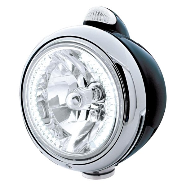 United Pacific® - 7" Round Chrome "Guide" 682-C Style Crystal Headlight With Amber LED Halo and Dual Function Turn Signal Light