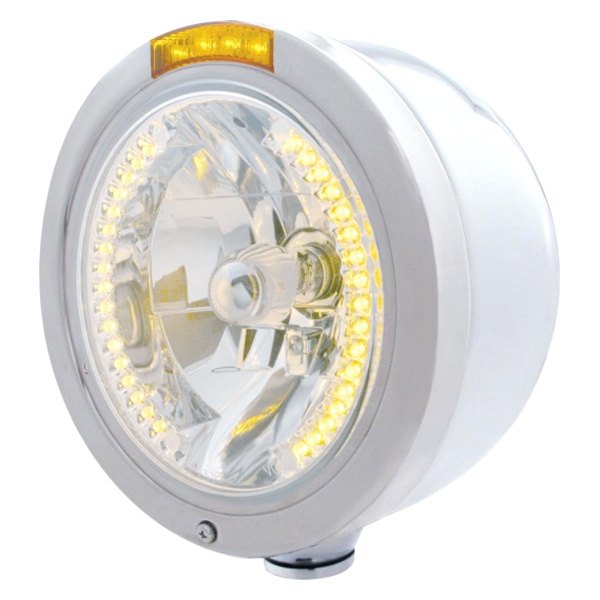 United Pacific® - 7" Round Chrome "Half Moon" Style LED Headlight With Amber Halo And Dual Function Turn Signal Light