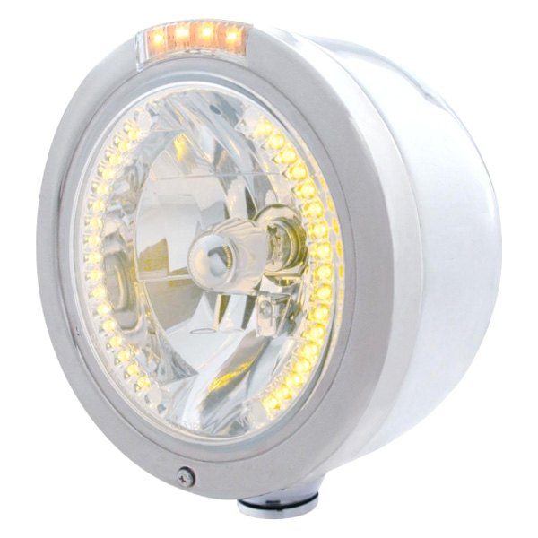 United Pacific® - 7" Round Chrome "Half Moon" Style LED Headlight With Amber Halo And Dual Function Turn Signal Light