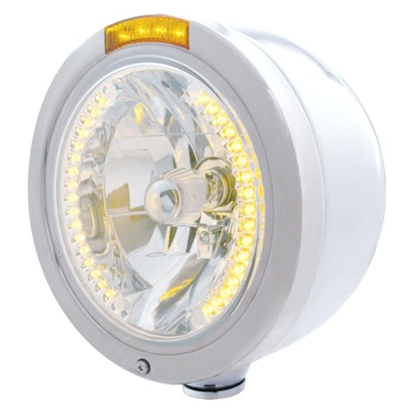 United Pacific® - Half-Moon 7" Round Chrome "Bullet" Style Crystal Headlight With LED Halo and Turn Signal