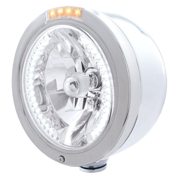 United Pacific® - 7" Round Chrome "Half Moon" Style LED Headlight With White Halo And Dual Function Turn Signal Light
