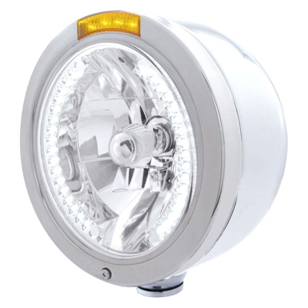 United Pacific® - Half-Moon 7" Round Chrome "Bullet" Style Crystal Headlight With LED Halo and Turn Signal