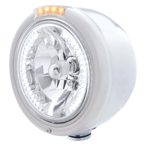 United Pacific® - 7" Round Chrome "Half Moon" Style LED Headlight With White Halo And Dual Function Turn Signal Light