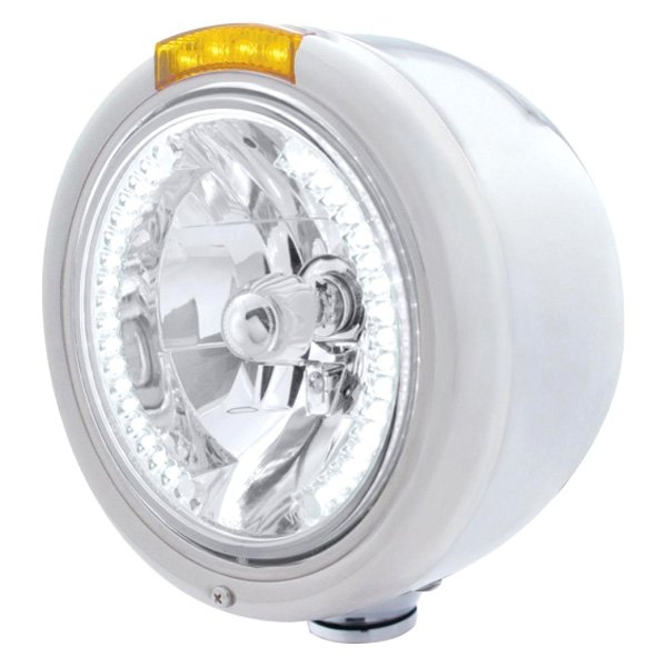 United Pacific® - Half-Moon 7" Round Chrome Classic Style Crystal Headlight With LED Halo and Turn Signal