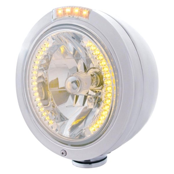 United Pacific® - 7" Round Chrome Classic Style "Bullet" Crystal Headlight With Amber LED Halo and Dual Function Turn Signal Light