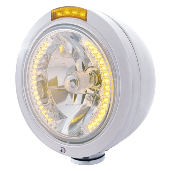 United Pacific® - 7" Round Chrome Classic Style "Bullet" Crystal Headlight With Amber LED Halo and Single Function Turn Signal Light