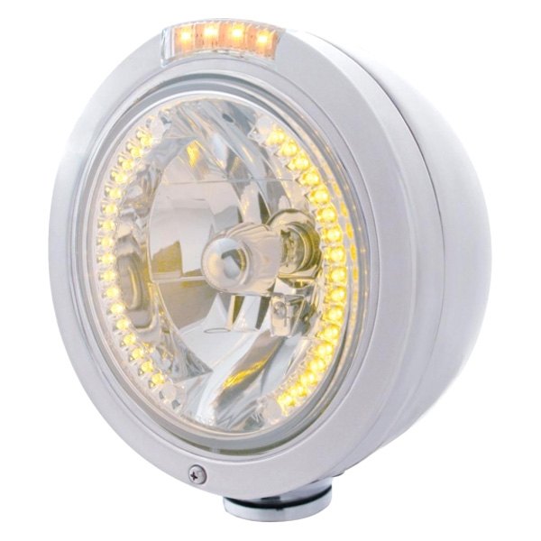 United Pacific® - 7" Round Chrome Classic Style "Bullet" Crystal Headlight With Amber LED Halo and Single Function Turn Signal Light
