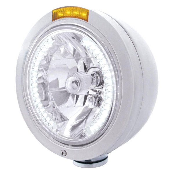 United Pacific® - 7" Round Chrome Classic Style "Bullet" Crystal Headlight With White LED Halo and Dual Function Turn Signal Light