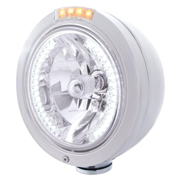 United Pacific® - 7" Round Chrome Classic Style "Bullet" Crystal Headlight With White LED Halo and Dual Function Turn Signal Light