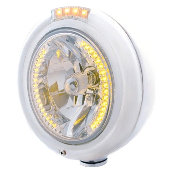 United Pacific® - 7" Round Chrome Classic Style Crystal Headlight With Amber LED Halo and Dual Function Turn Signal Light