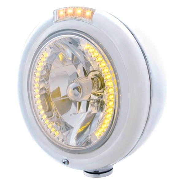 United Pacific® - 7" Round Chrome Classic Style Crystal Headlight With Amber LED Halo and Single Function Turn Signal Light