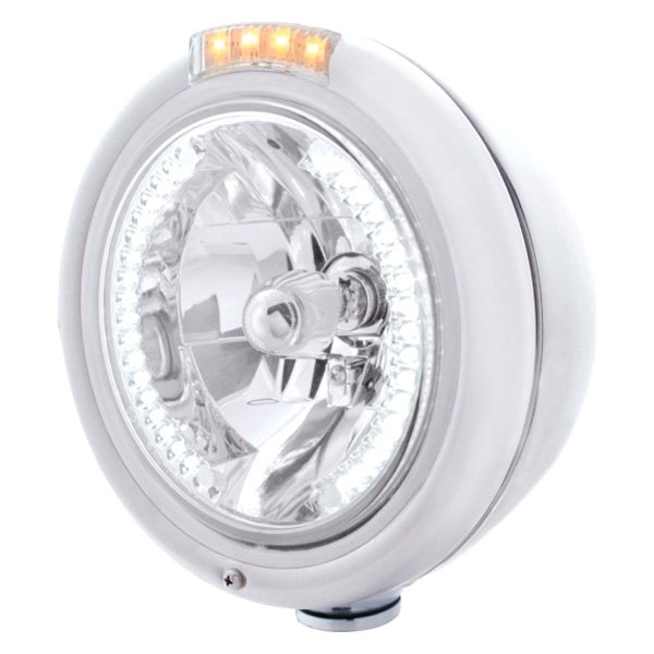 United Pacific® - 7" Round Chrome Classic Style Crystal Headlight With White LED Halo and Dual Function Turn Signal Light