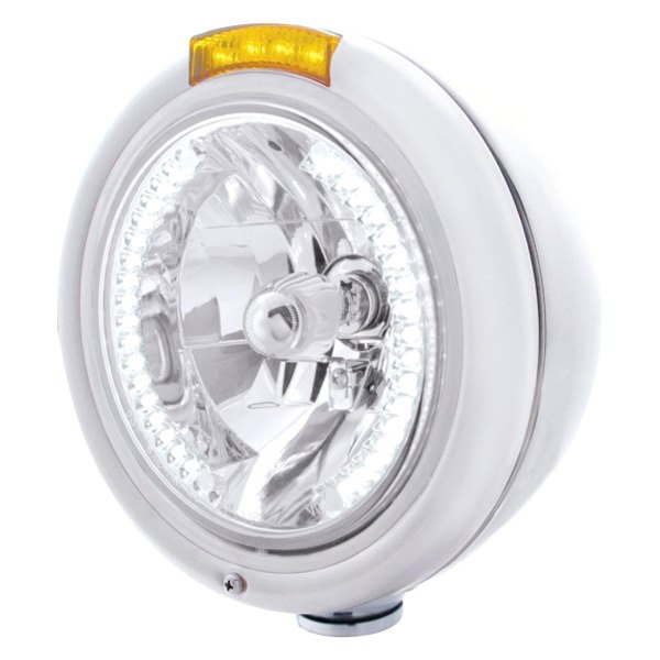 United Pacific® - 7" Round Chrome Classic Style Crystal Headlight With White LED Halo and Single Function Turn Signal Light