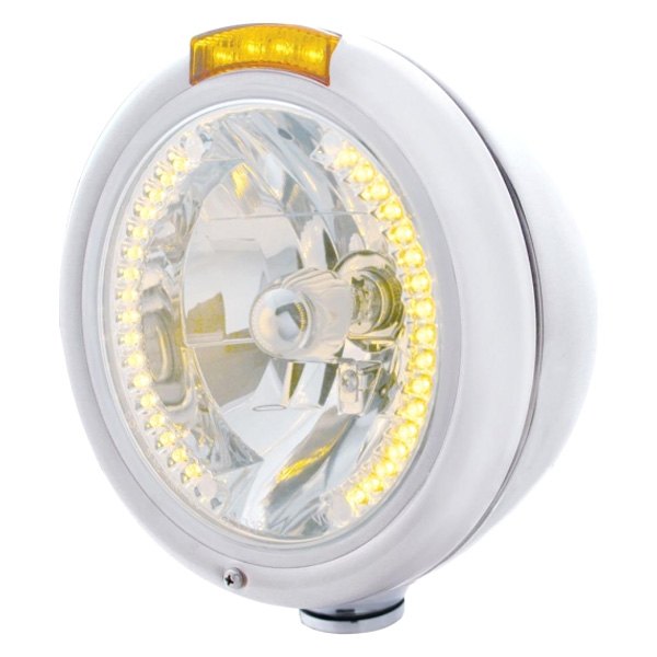 United Pacific® - 7" Round Chrome Classic Style Crystal Headlight With Amber LED Halo and Dual Function Turn Signal Light
