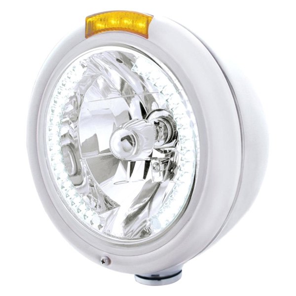United Pacific® - 7" Round Chrome Classic Style Crystal Headlight With White LED Halo and Dual Function Turn Signal Light