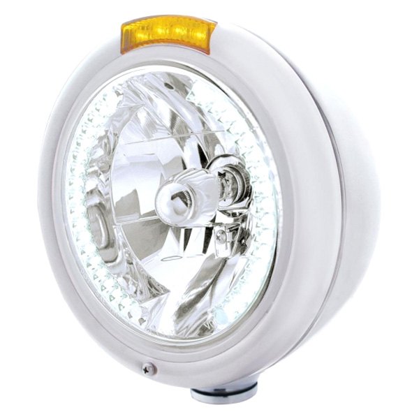 United Pacific® - 7" Round Chrome Classic Style Crystal Headlight With White LED Halo and Single Function Turn Signal Light