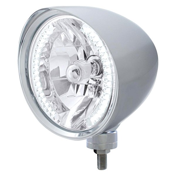 United Pacific® - Chopper 7" Round Chrome Smooth Visor Crystal Headlight With White LED Halo