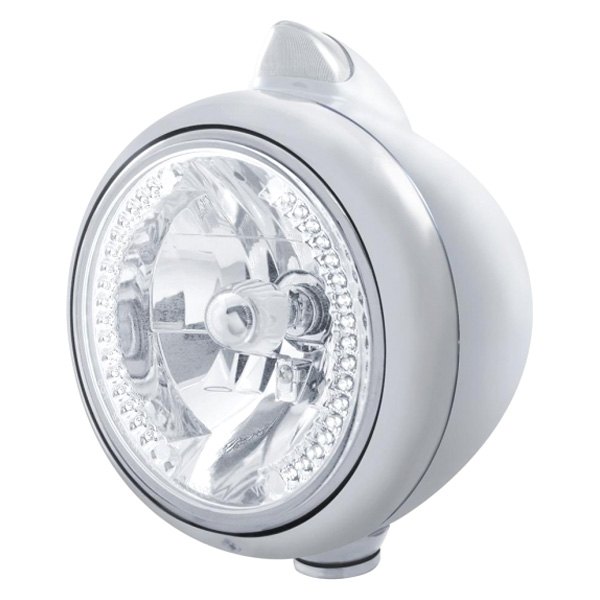 United Pacific® - 7" Round Chrome "Guide" 682-C Style Vintage Crystal Headlight With White LED Halo and Turn Signal Light