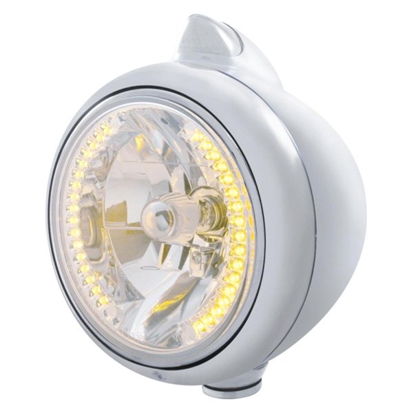 United Pacific® - 7" Round Chrome "Guide" 682-C Style Vintage Crystal Headlight With Amber LED Halo and Turn Signal Light