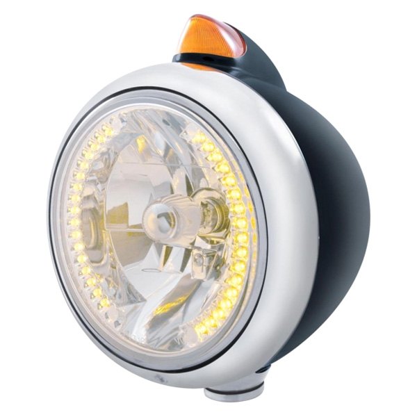 United Pacific® - 7" Round Chrome "Guide" 682-C Style Vintage Crystal Headlight With Amber LED Halo and Turn Signal Light