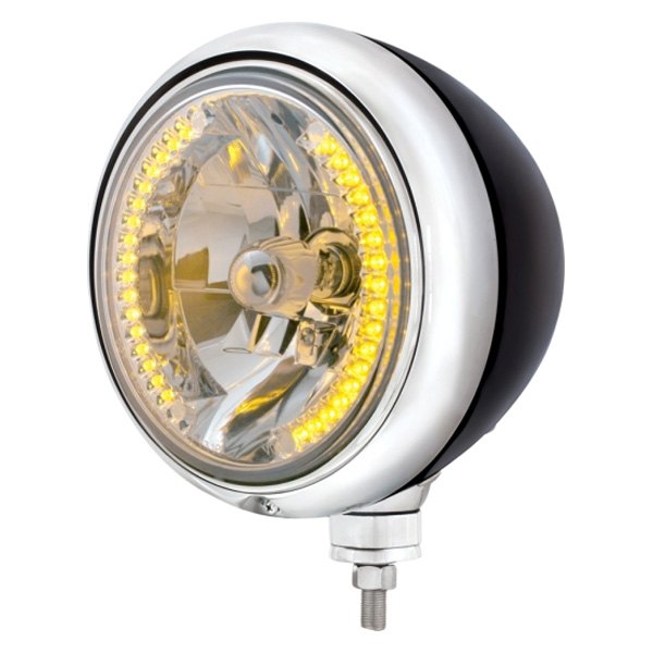 United Pacific® - 7" Round Chrome "Guide" 682-C Style Crystal Headlight With Amber LED Halo