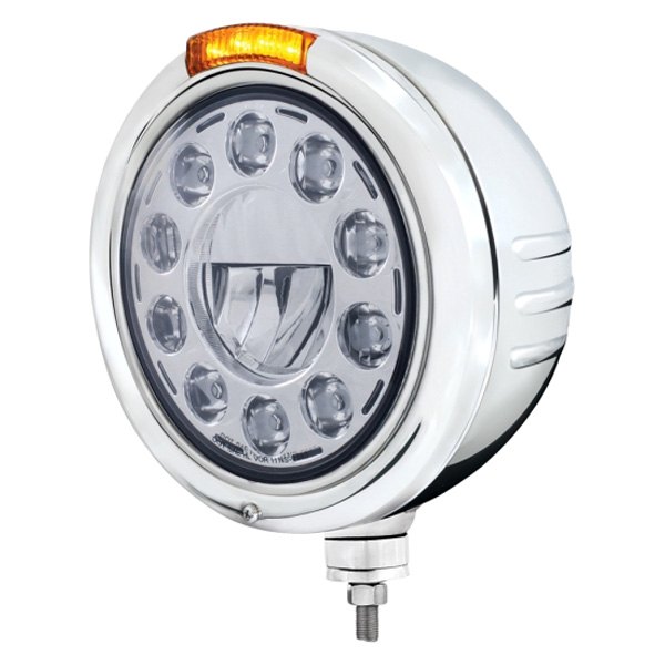 United Pacific® - Embossed 7" Round Chrome Classic Style LED Headlight With Dual Function Turn Signal Light