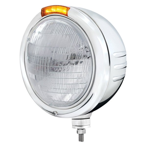 United Pacific® - Embossed 7" Round Chrome Classic Style Euro Headlight With Dual Function LED Turn Signal Light