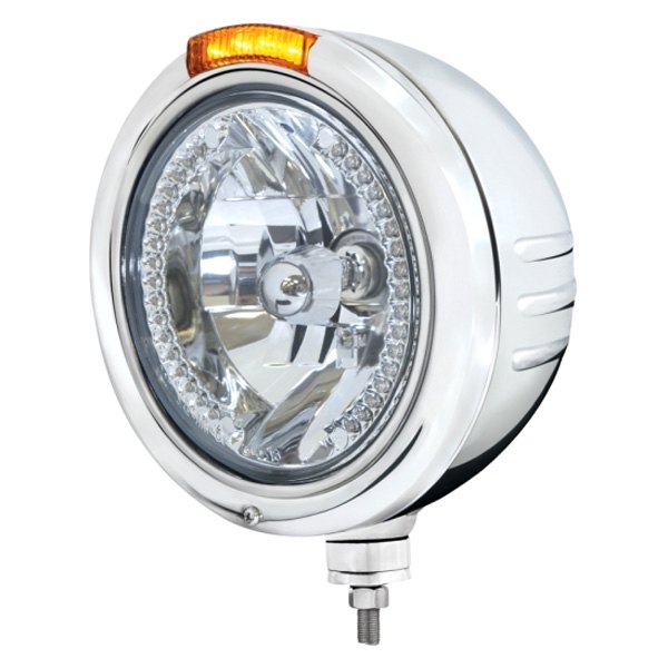 United Pacific® - Embossed 7" Round Chrome Classic Style Crystal Headlight With Amber LED Halo and Dual Function Turn Signal Light