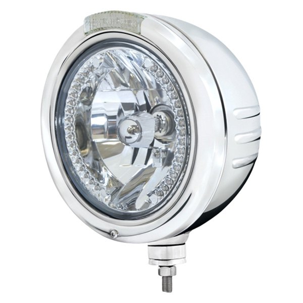 United Pacific® - Embossed 7" Round Chrome Classic Style Crystal Headlight With Amber LED Halo and Dual Function Turn Signal Light