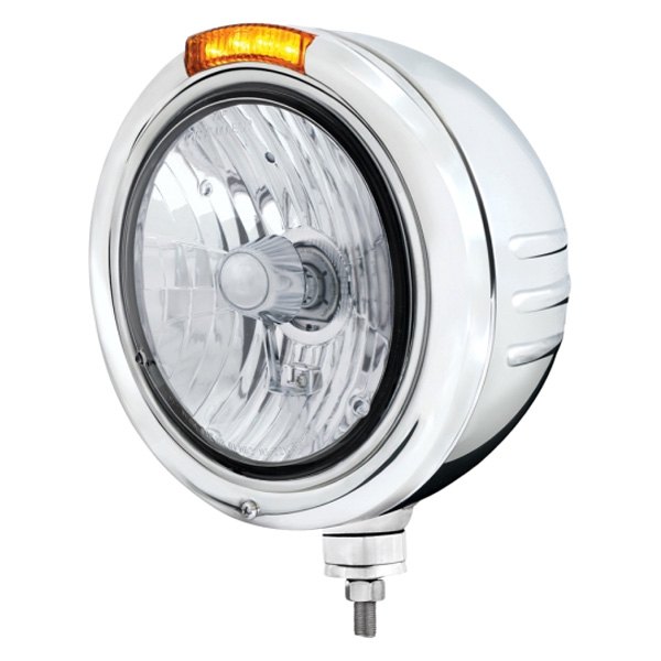 United Pacific® - Embossed 7" Round Chrome Classic Style Crystal Headlight With Dual Function LED Turn Signal Light