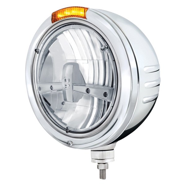 United Pacific® - Embossed 7" Round Chrome "Bullet" Style LED Headlight With Turn Signal Light