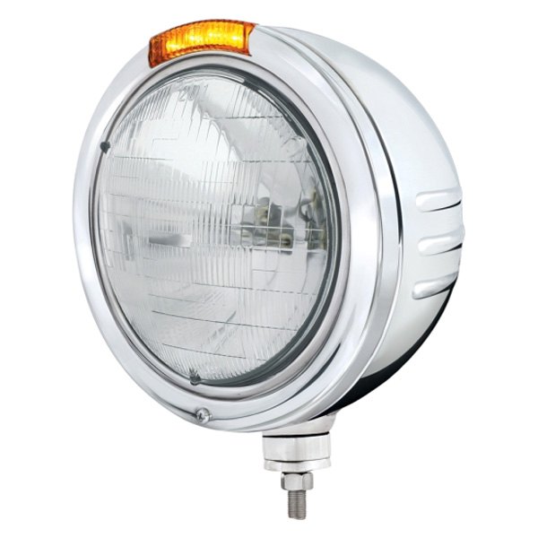 United Pacific® - Embossed 7" Round Chrome "Bullet" Style Euro Headlight With LED Turn Signal Light