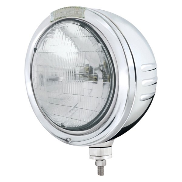 United Pacific® - Embossed 7" Round Chrome "Bullet" Style Euro Headlight With LED Turn Signal Light