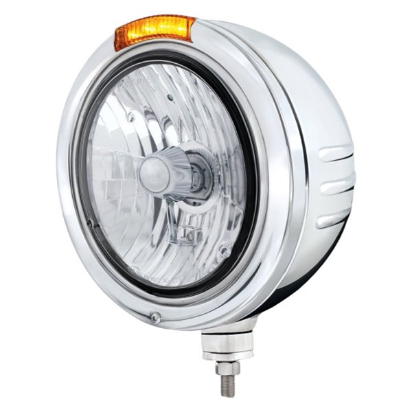 United Pacific® - Embossed 7" Round Chrome "Bullet" Style Crystal Headlight With LED Turn Signal Light